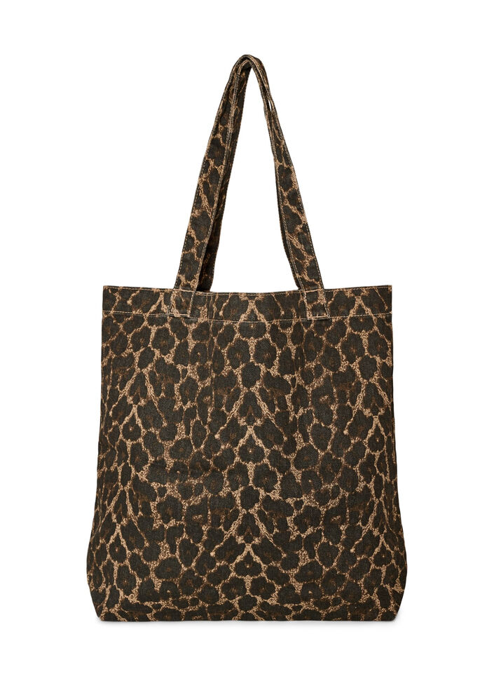 Denim shopping bag with leopard print, Brown, Packshot image number 1