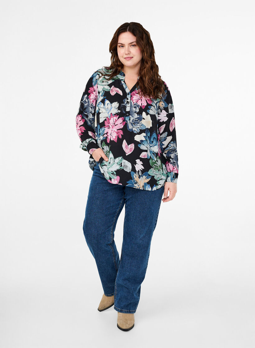 Long-sleeved blouse with floral print, Rose Flower AOP, Model image number 2