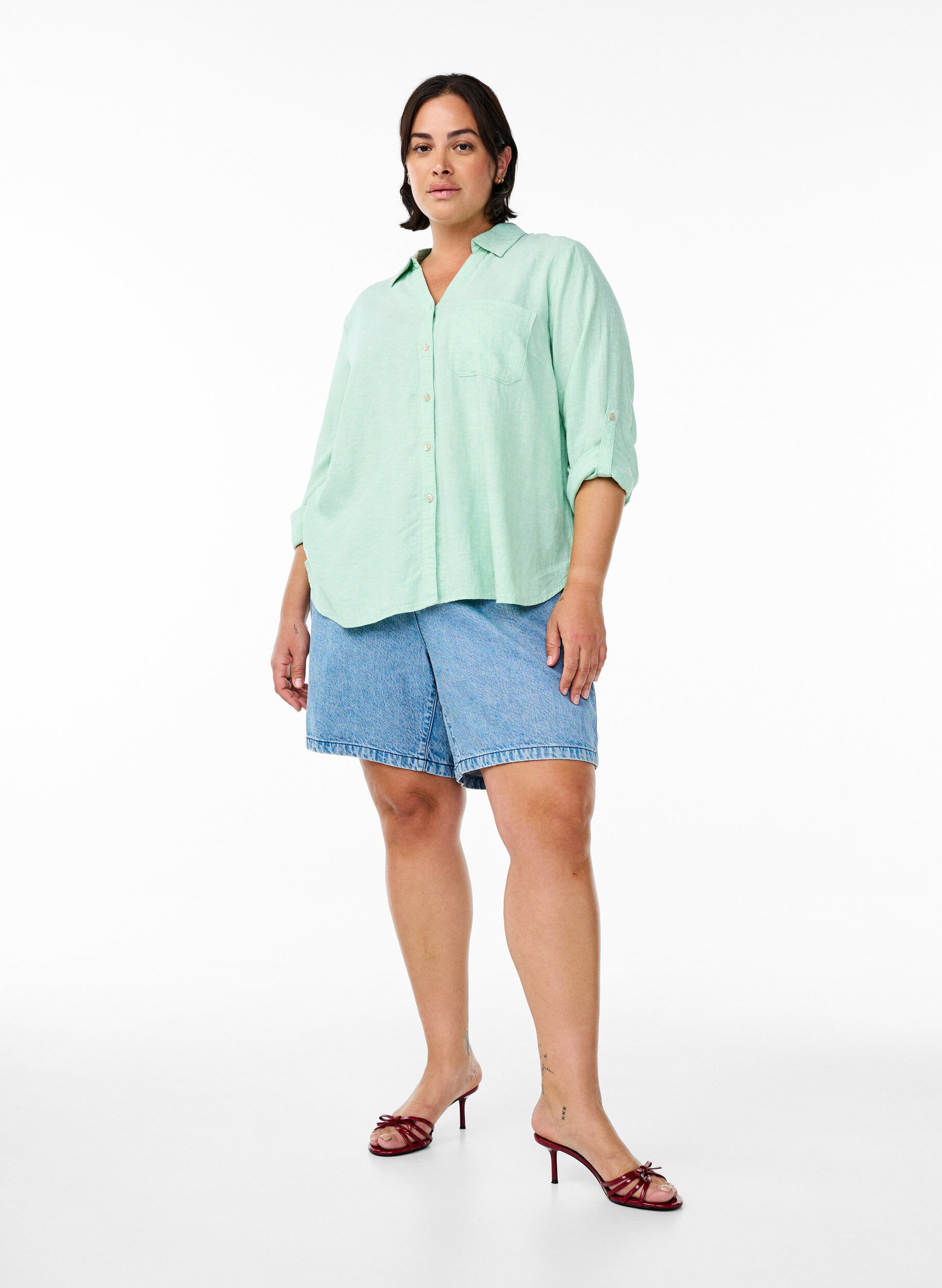 ZizzifashionShirt in linen and viscose with 3/4 sleeves, Green, Model image number 1