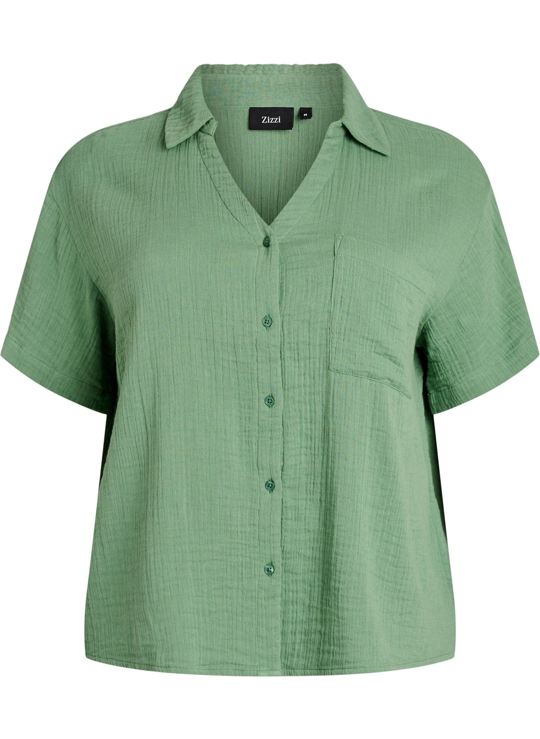 Zizzifashion Cotton muslin blouse with short sleeves, Green, Packshot image number 0