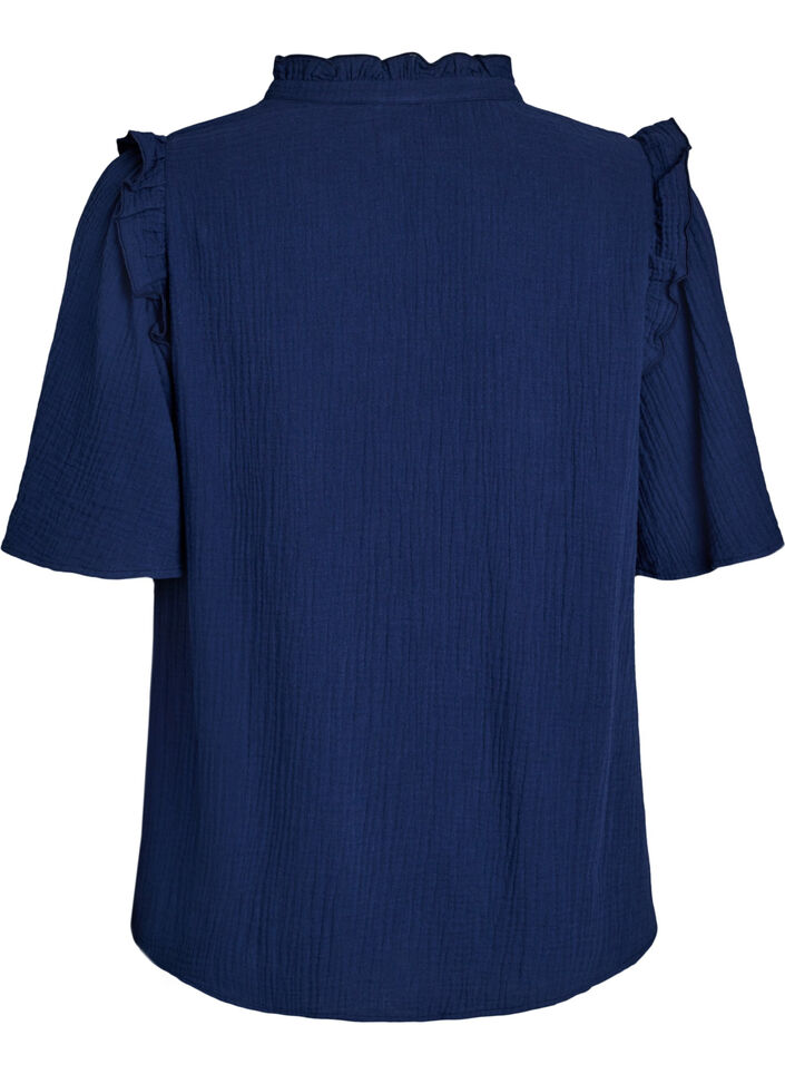 Blouse in cotton muslin with broderie anglaise and 1/2 sleeves, Blue, Packshot image number 1