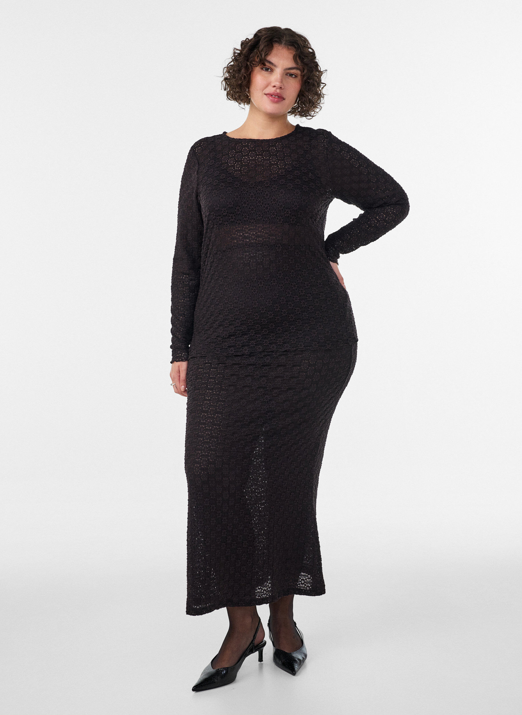 ZizzifashionBlouse with eyelet pattern and long sleeves, Black, Model image number 1