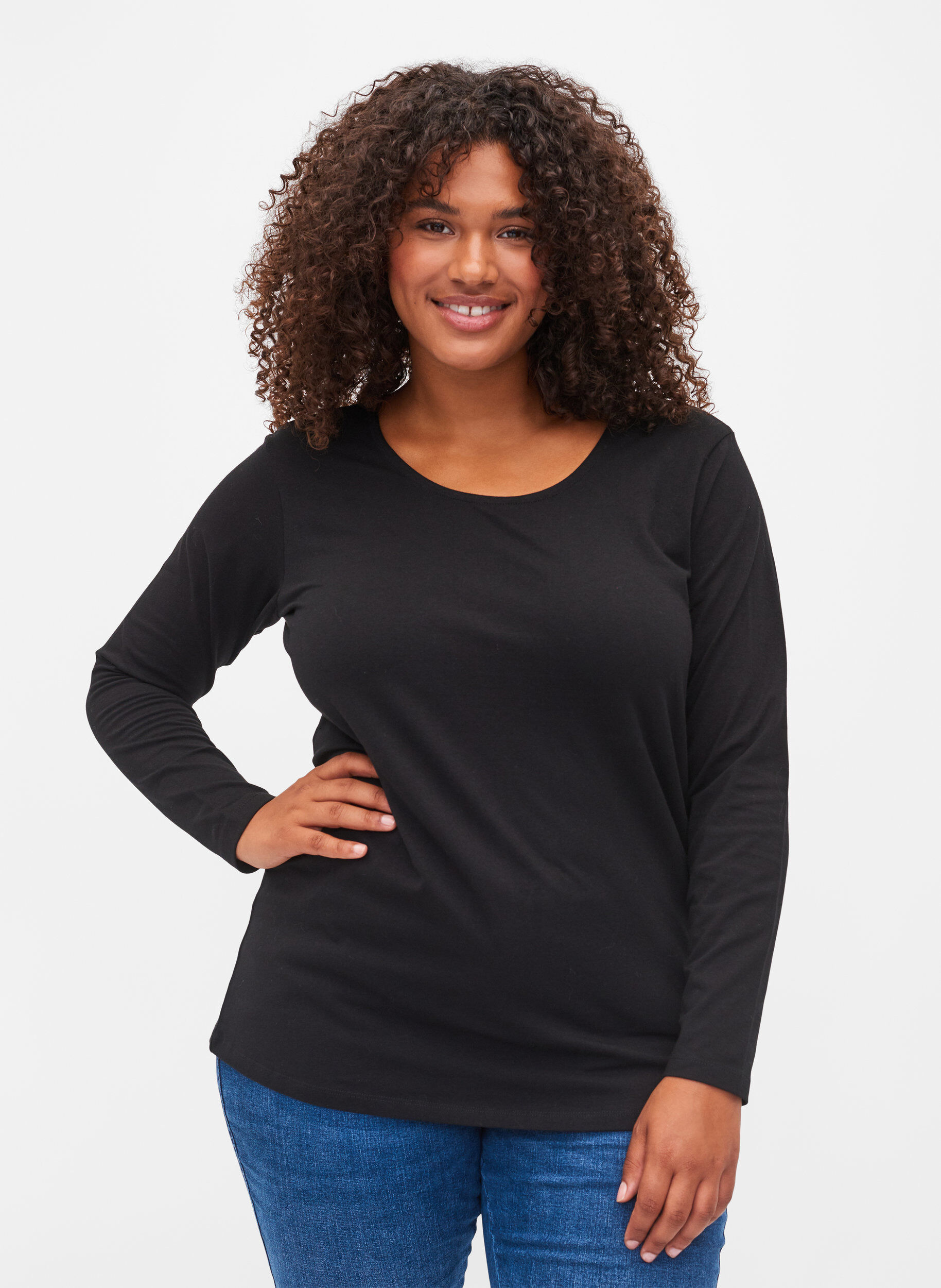 Zizzifashion Plain basic top in cotton, Solid Black, Model image number 0