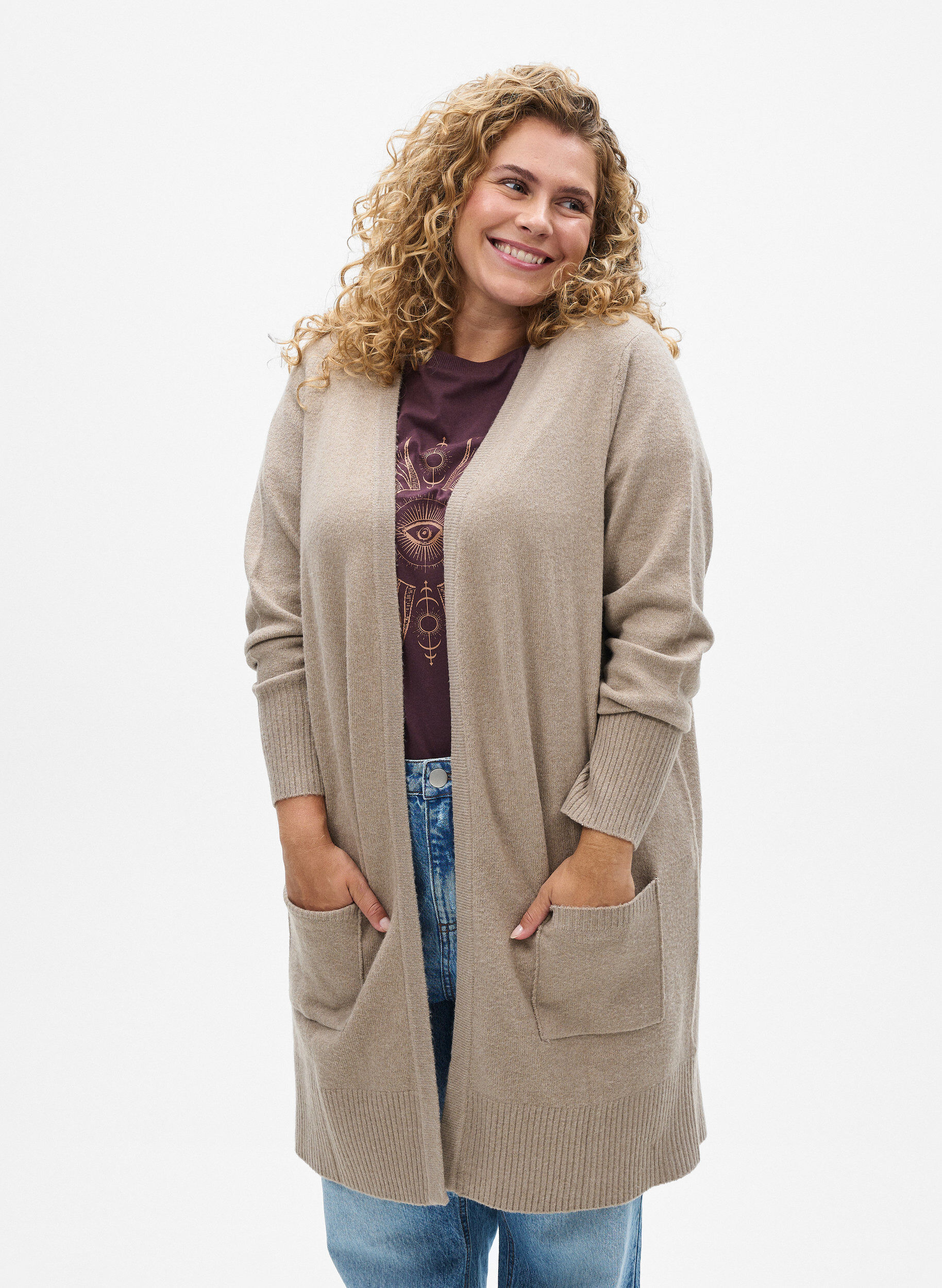 ZizzifashionRibbed Knit Cardigan with Pockets, Beige, Model image number 0