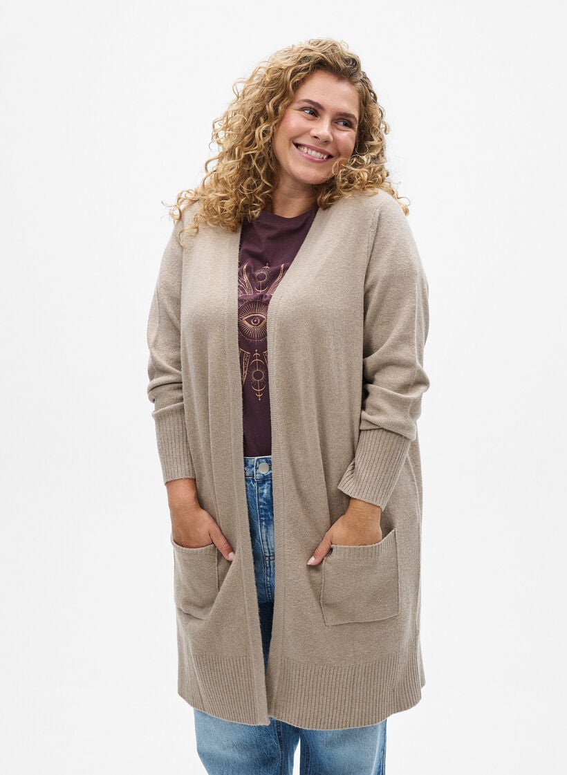 Ribbed Knit Cardigan with Pockets, Beige, Model image number 0
