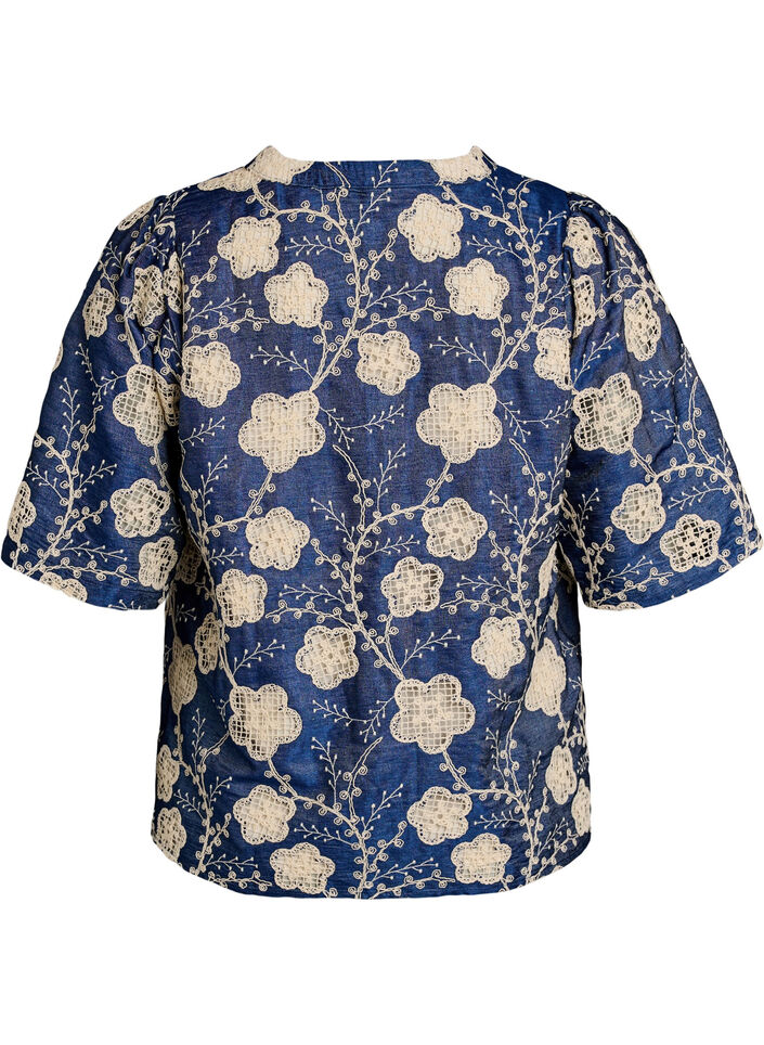 Blouse with V-neck and embroidered pattern, Blue, Packshot image number 1