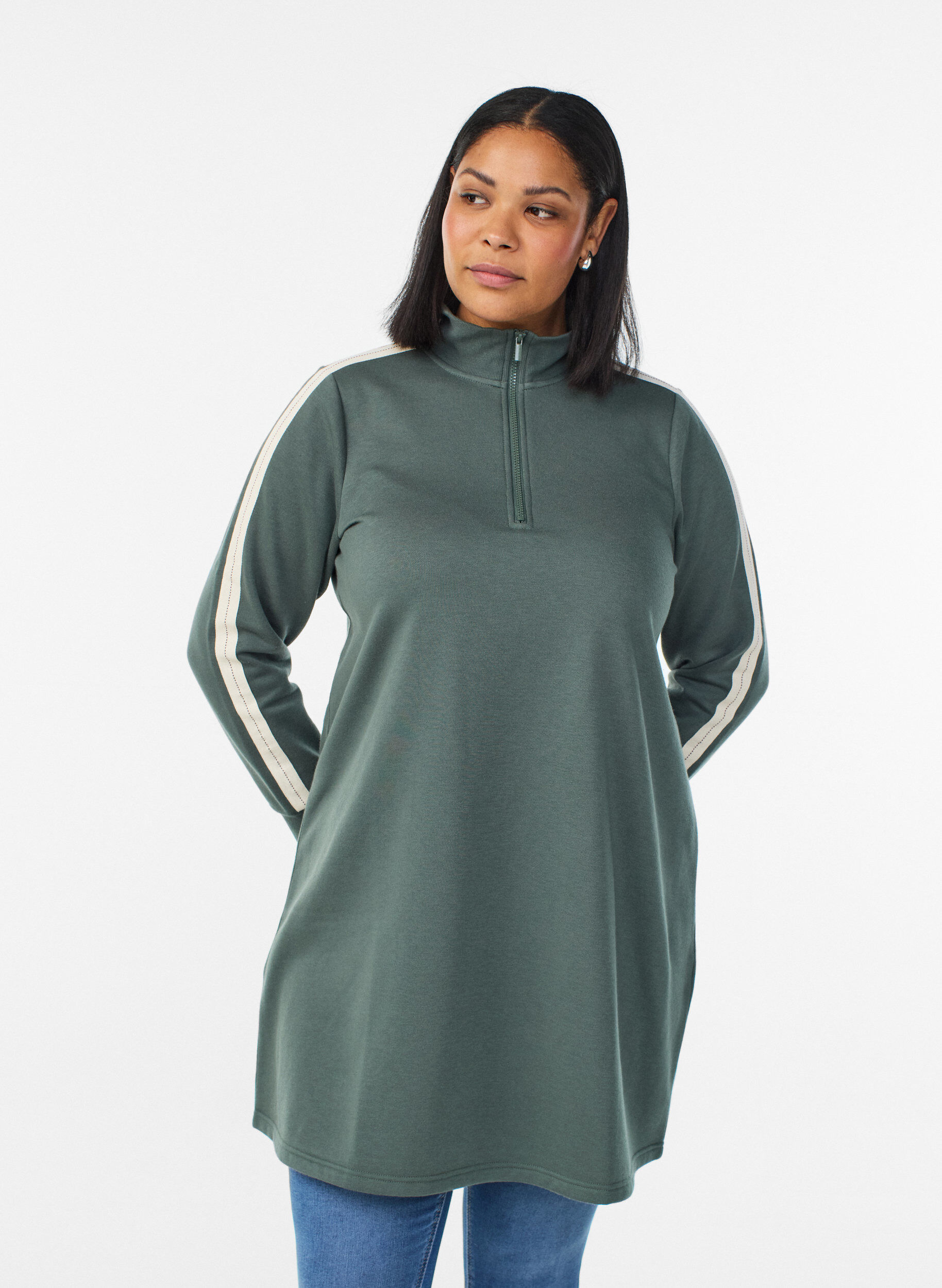 Zizzifashion Short sweat dress with high neck, Green, Model image number 0