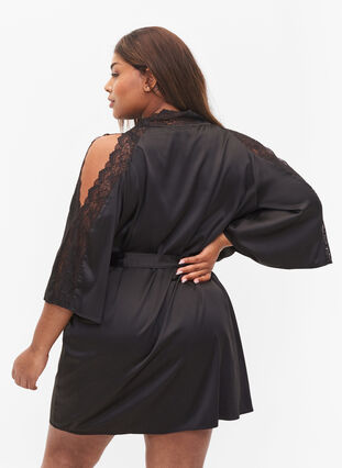 Dressing gown with lace, Black, Model image number 1