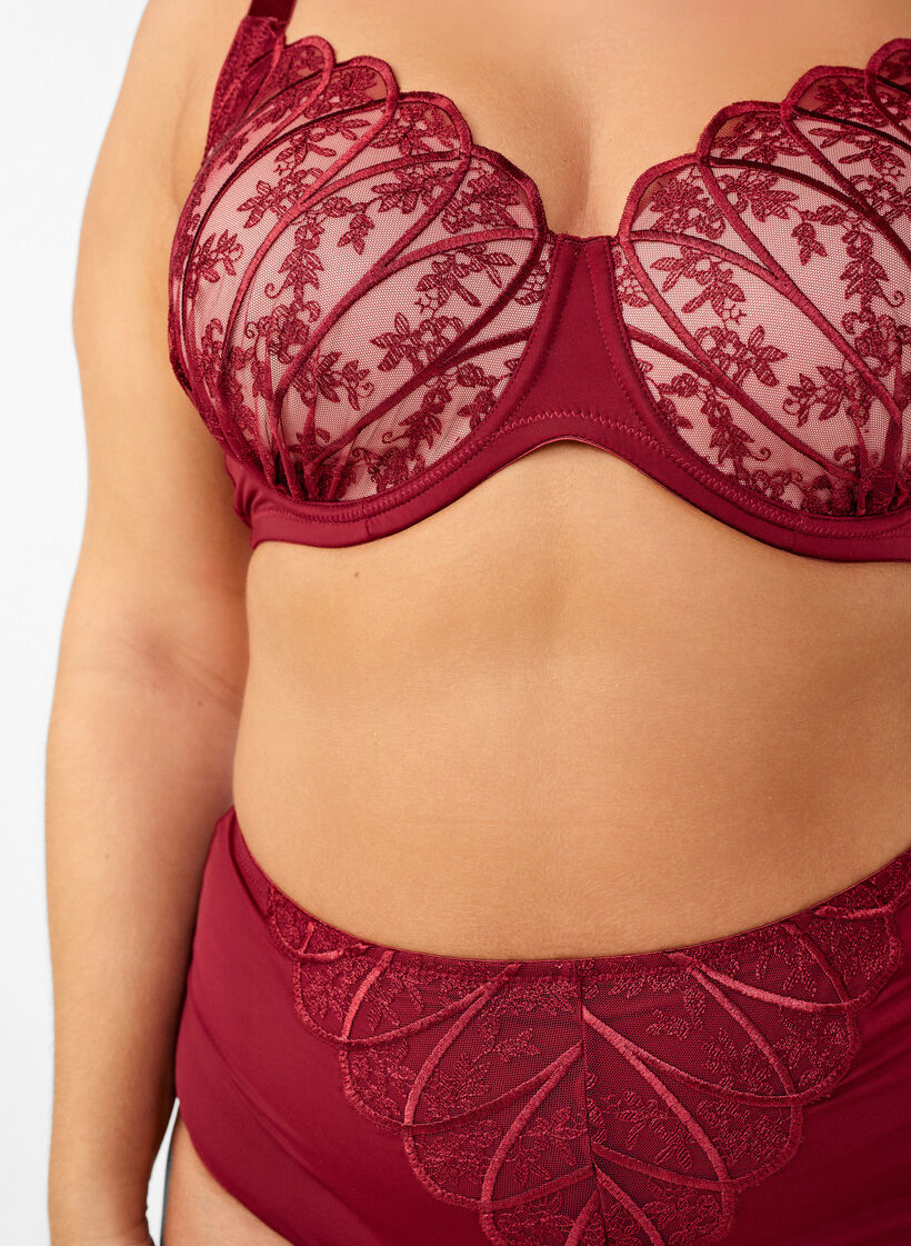 Bra with embroidered lace and moulded cups, Dark Bordeaux, Model image number 3