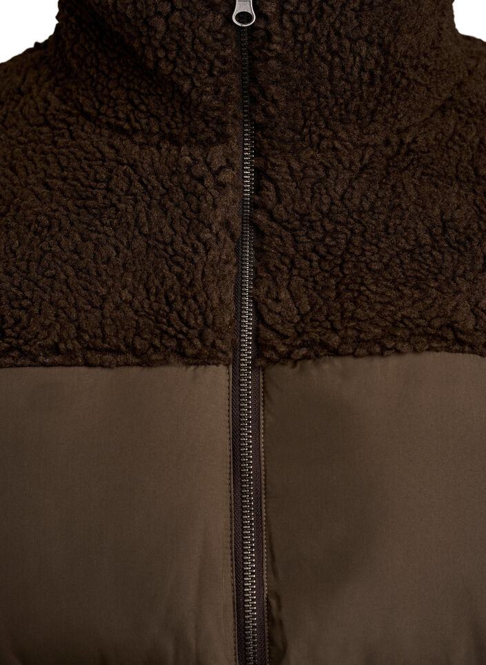 Mid-length puffer jacket with teddy fleece, Brown, Packshot image number 2