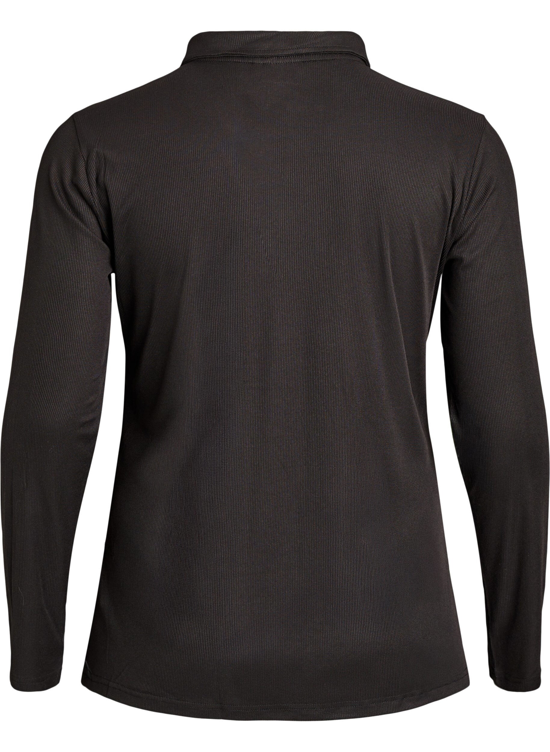 Zizzifashion Polo shirt in soft rib with long sleeves, Black, Packshot image number 1
