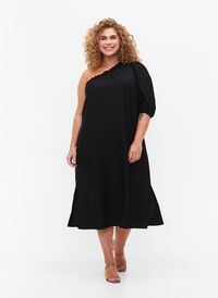 One-shoulder dress in viscose, Black, Model
