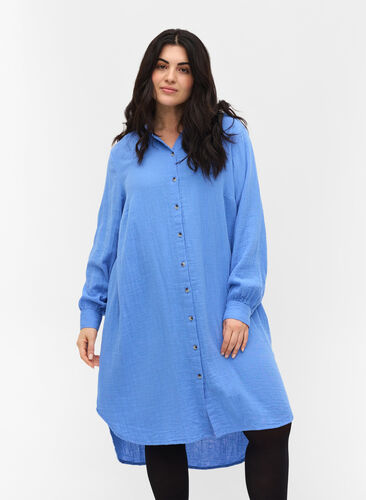 Long cotton shirt with a classic collar, Ultramarine, Model image number 0