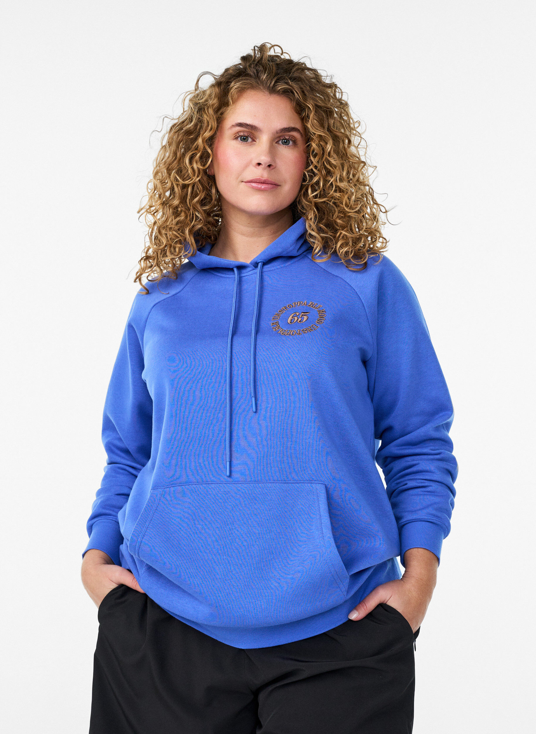 Hoodie with embroidered front motif, Blue, Model