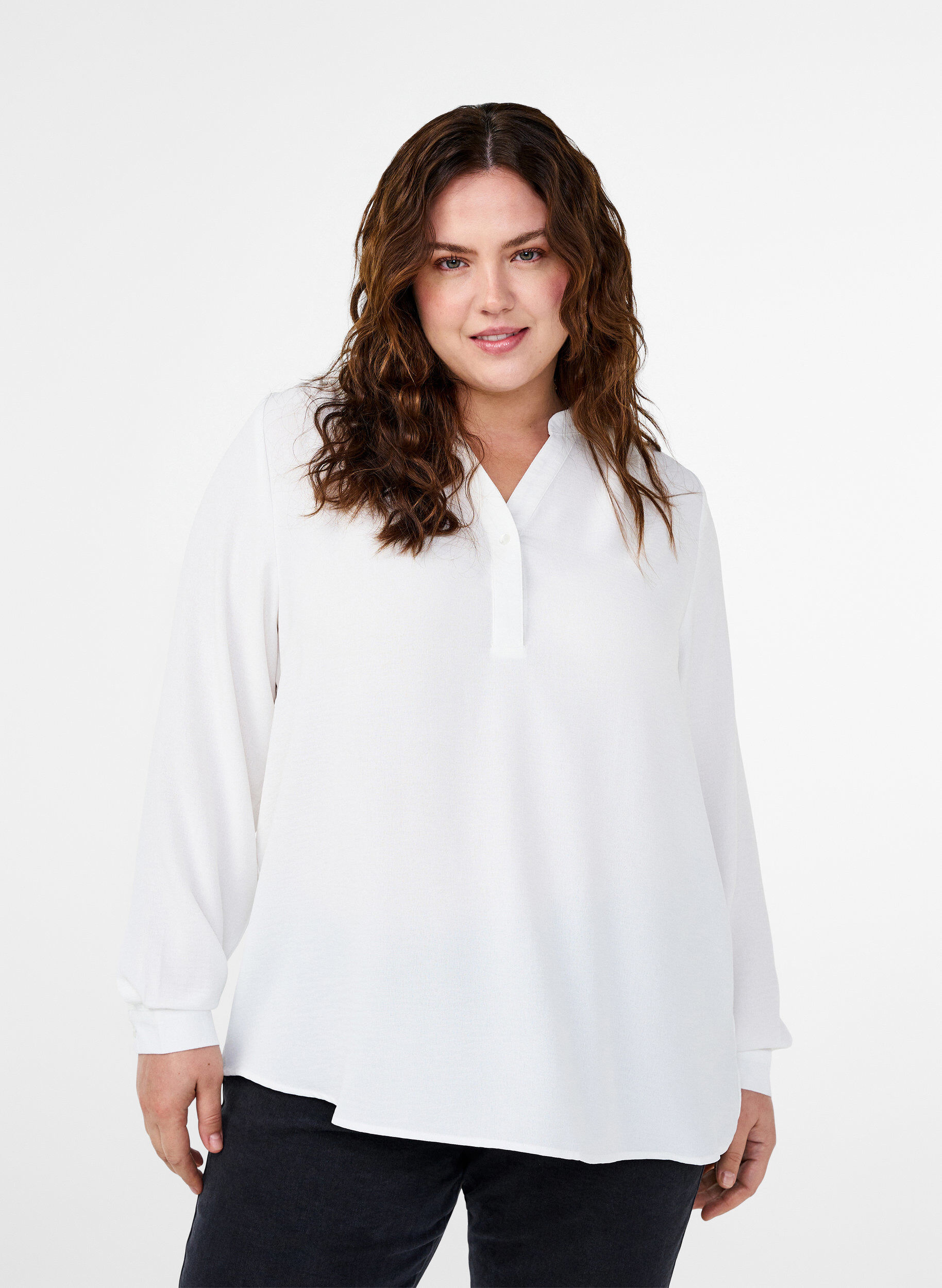 Zizzifashion Long-sleeved shirt blouse with V-neck, Bright White, Model image number 0