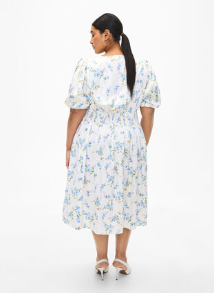 Floral satin dress with puff sleeves, Off White Blue Fl., Model image number 1