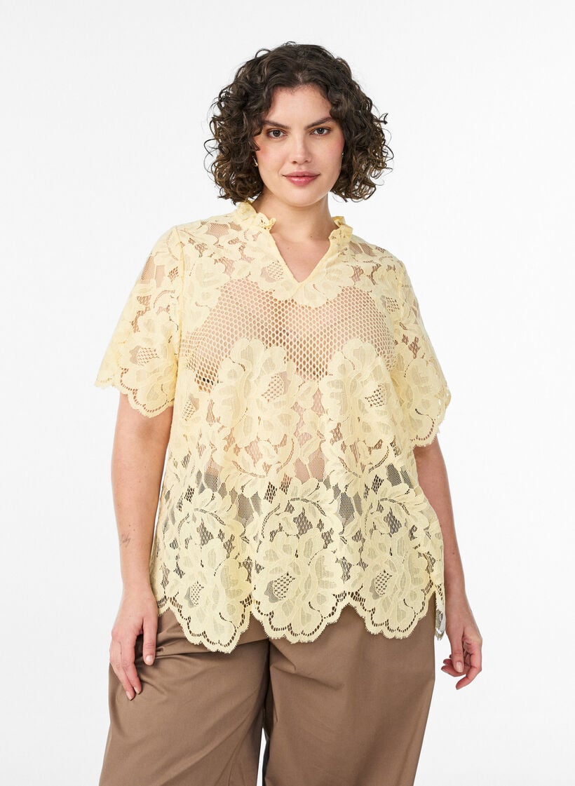Lace blouse with ruffle collar and short sleeves, Yellow, Model image number 0