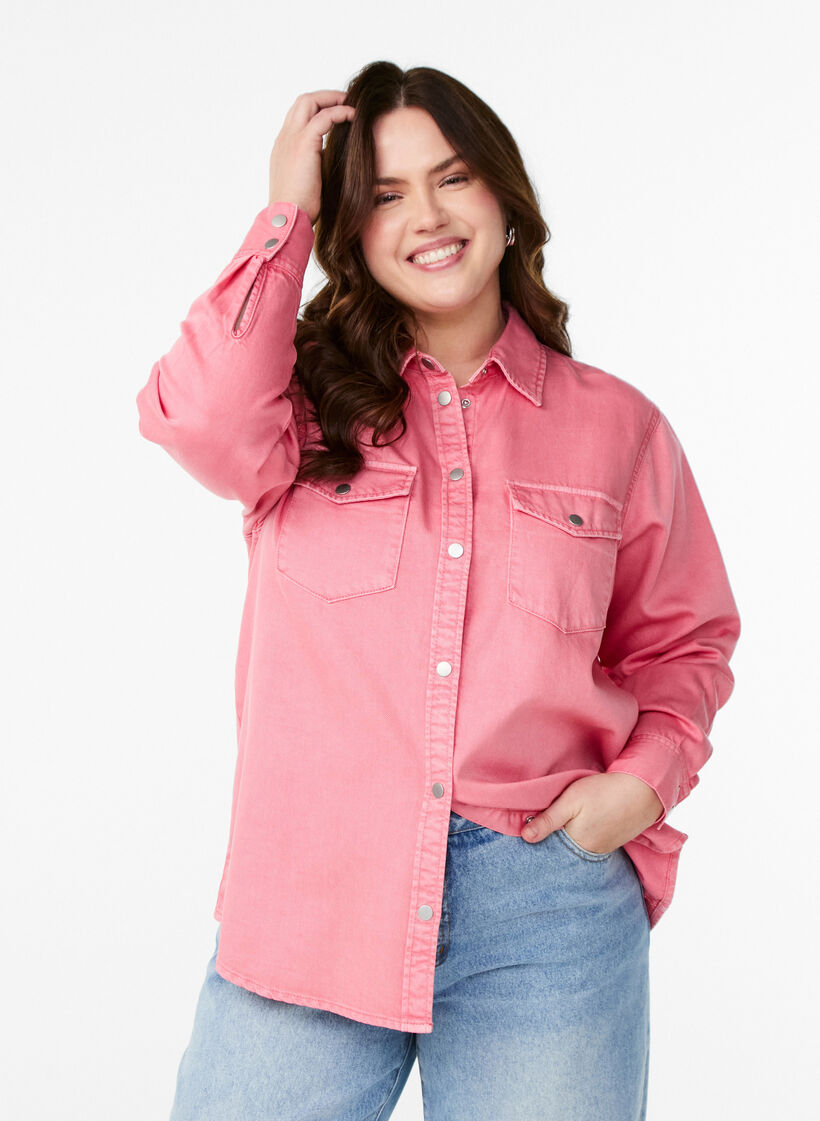 Denim shirt with chest pockets, Rose, Model image number 0