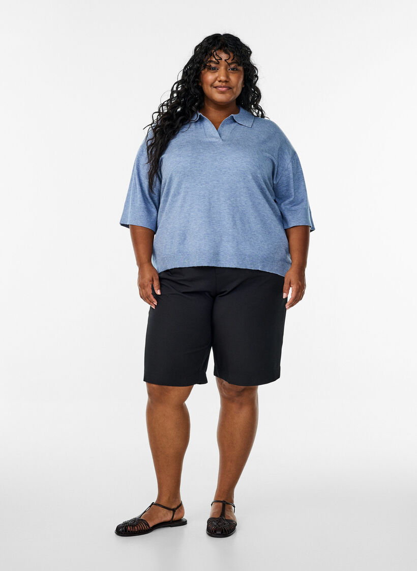 Knitted blouse with a collar and short sleeves, Blue, Model image number 1