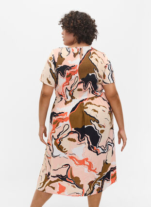 Printed viscose dress with smock, Abstract AOP, Model image number 1