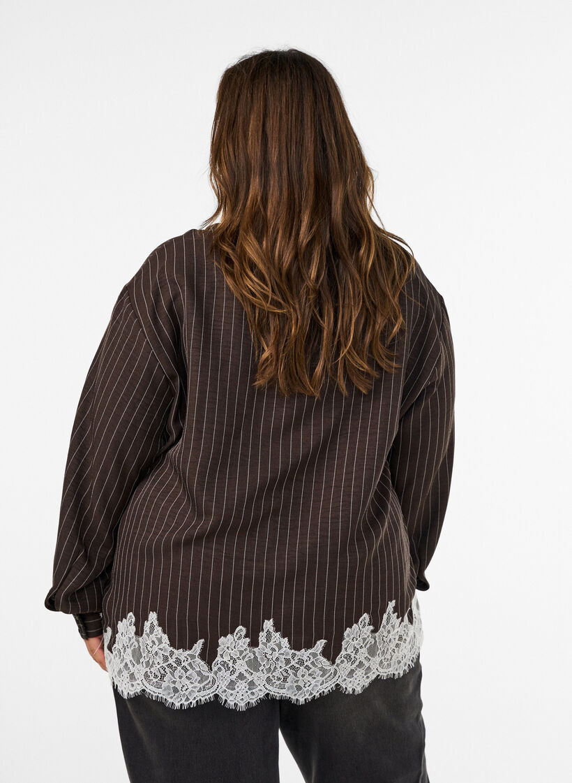 Pinstripe shirt with lace trim, Brown, Model image number 2