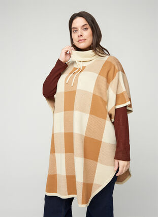 Checkered poncho with roll neck, Tobacco Brown Comb, Model image number 0