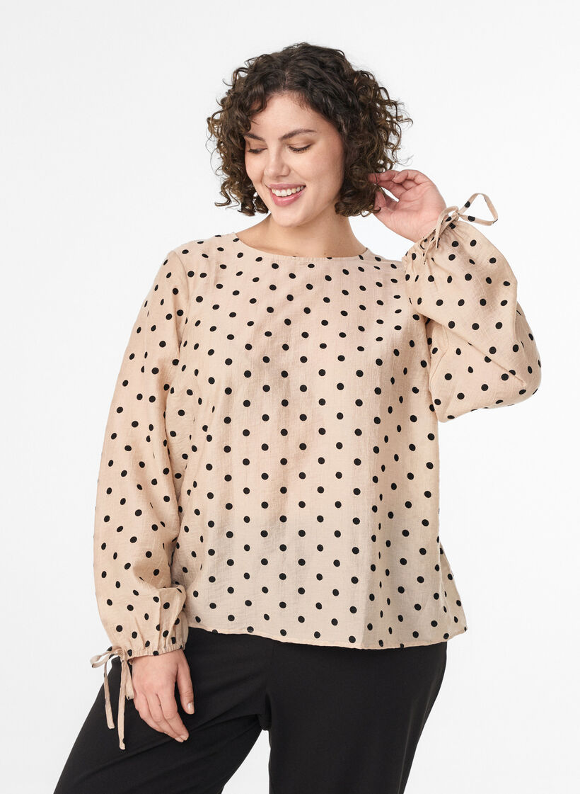 Blouse with dots and tie details, Beige, Model image number 0