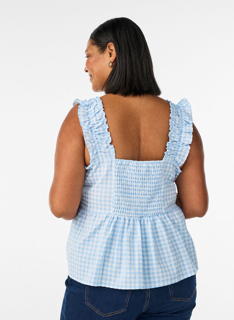 Top with checks and ruffle details, Light Blue, Model image number 2