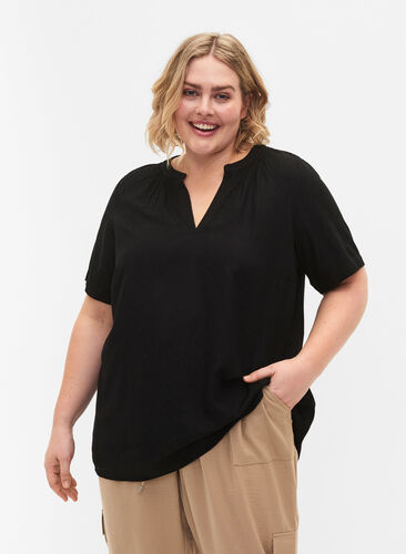 Short-sleeved viscose blouse with v-neck, Black, Model image number 0