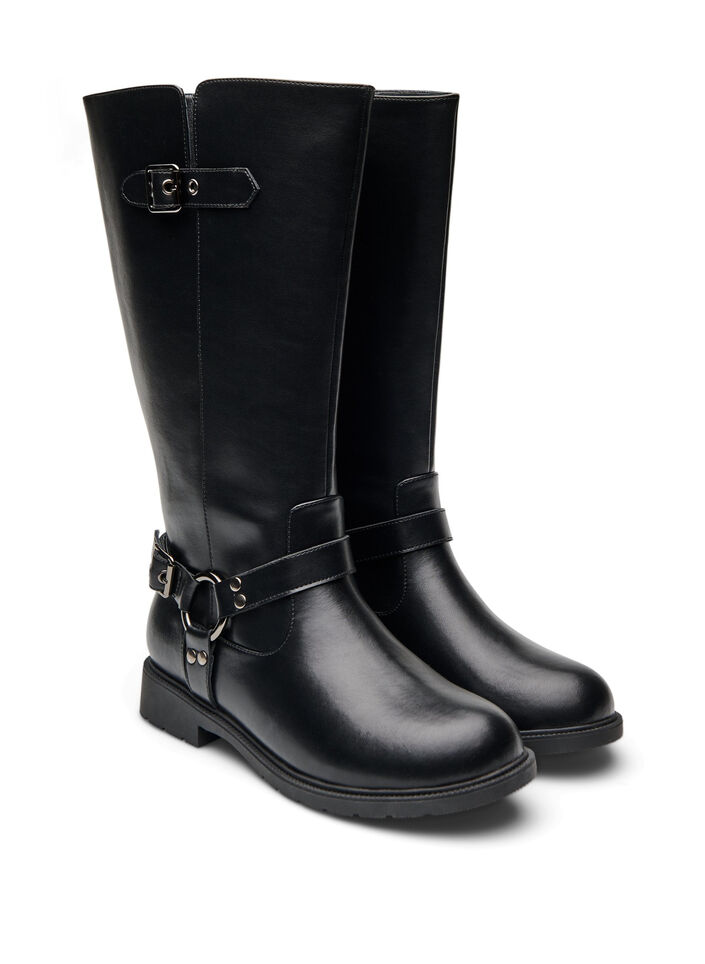 High leather boot with decorative buckles, Black, Packshot image number 1