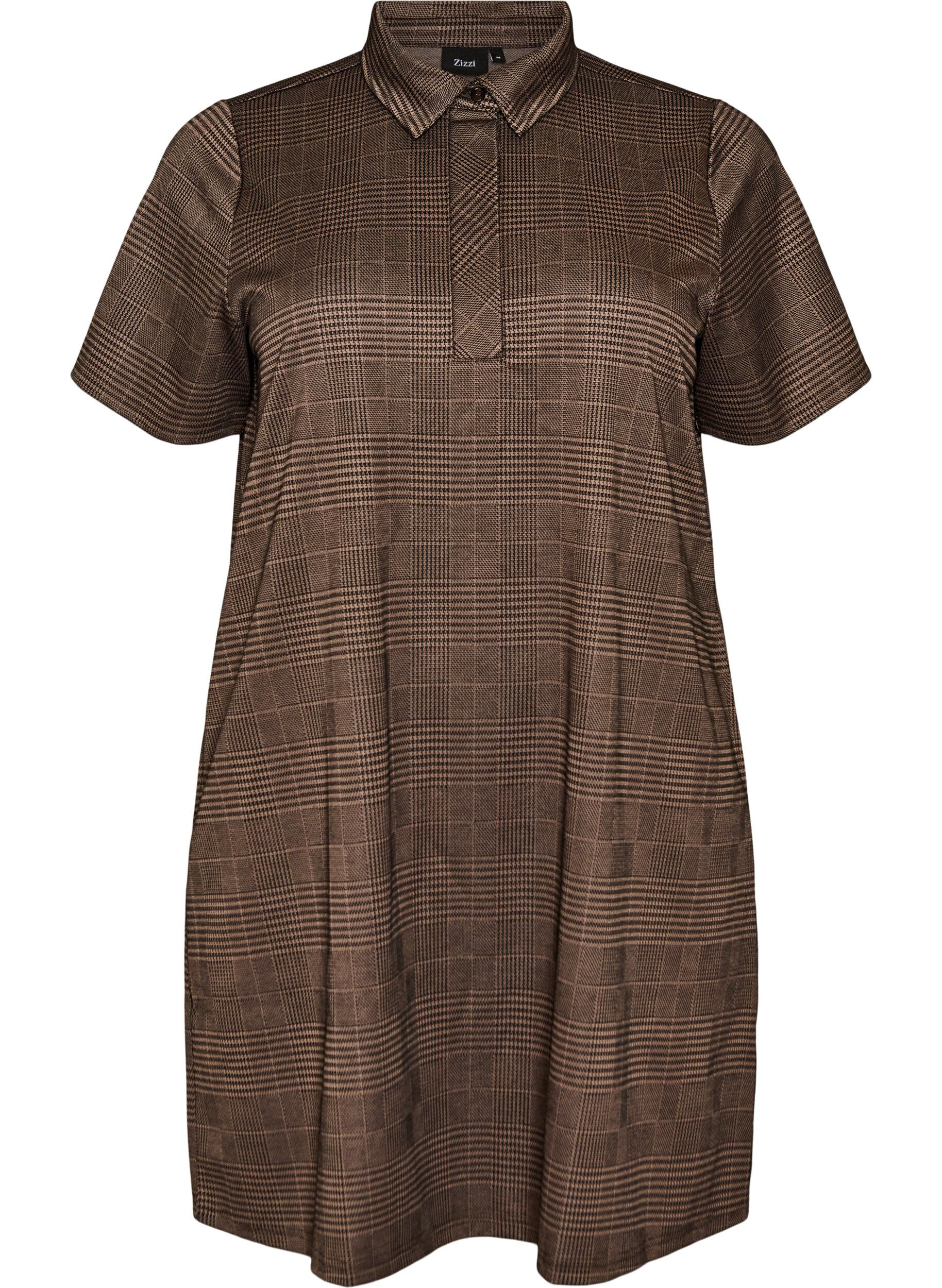 ZizzifashionShort checked dress with a shirt collar, Brown, Packshot image number 0