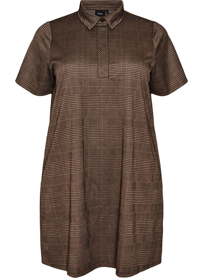 Short checked dress with a shirt collar, Brown, Packshot image number 0