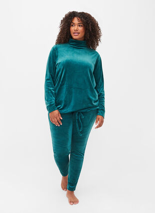 Velour top with high neck and drawstring, Ponderosa Pine, Model image number 2