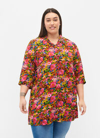 Floral viscose tunic with 3/4 sleeves, Neon Flower Print, Model