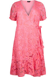 Wrap dress with lace and short sleeves, Pink Carnation, Packshot