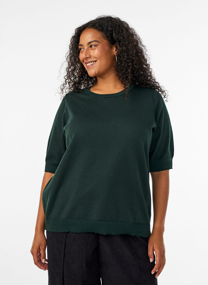 Fine-knit blouse with short sleeves, Green, Model image number 0