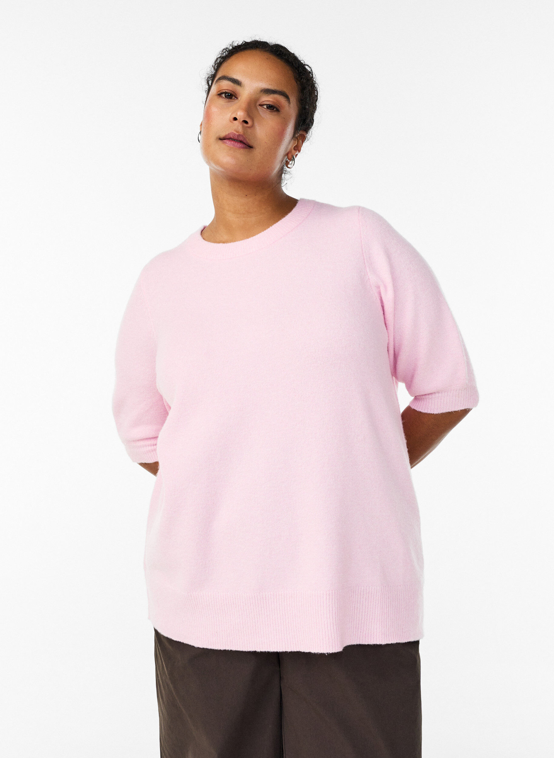 Knitted blouse with short sleeves, Pink, Model