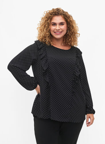 Long sleeved blouse with ruffles, Black Dot, Model image number 0