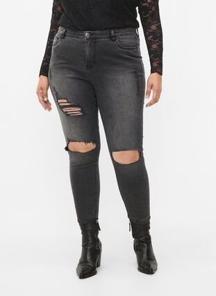Tight-fitting jeans with rip details, Grey Denim, Model image number 2