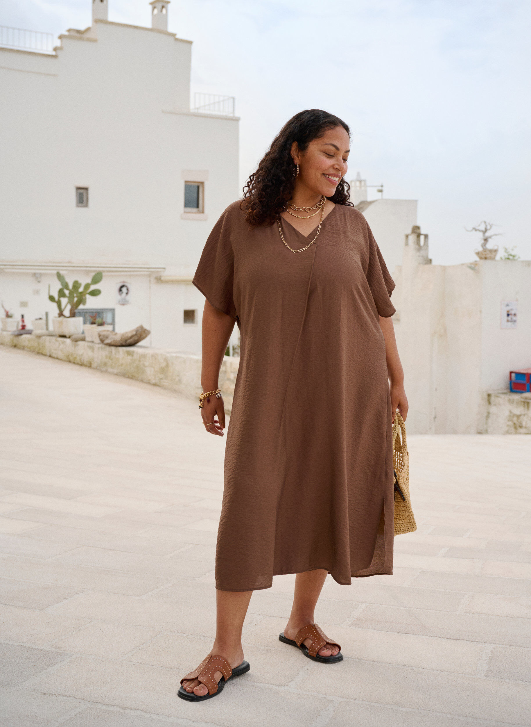 ZizzifashionV-neck dress in viscose, Brown, Image image number 0