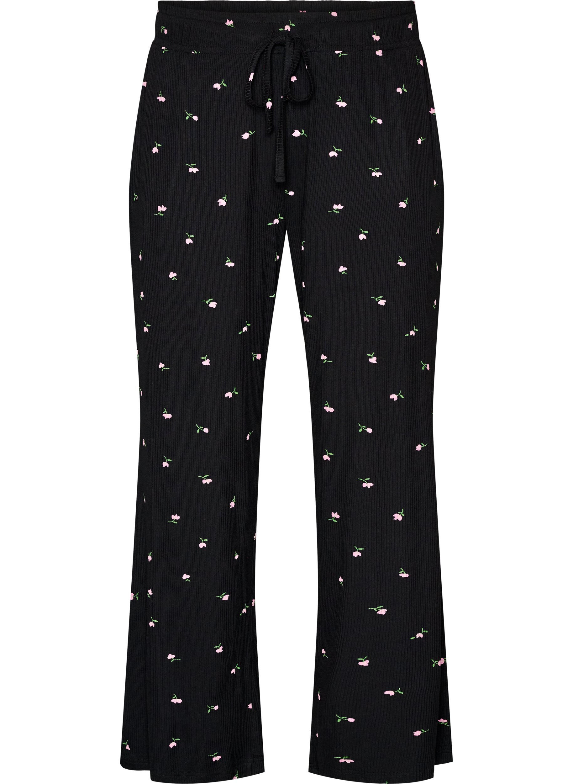 ZizzifashionPyjama bottoms with ribbed texture and floral print, Black, Packshot image number 0