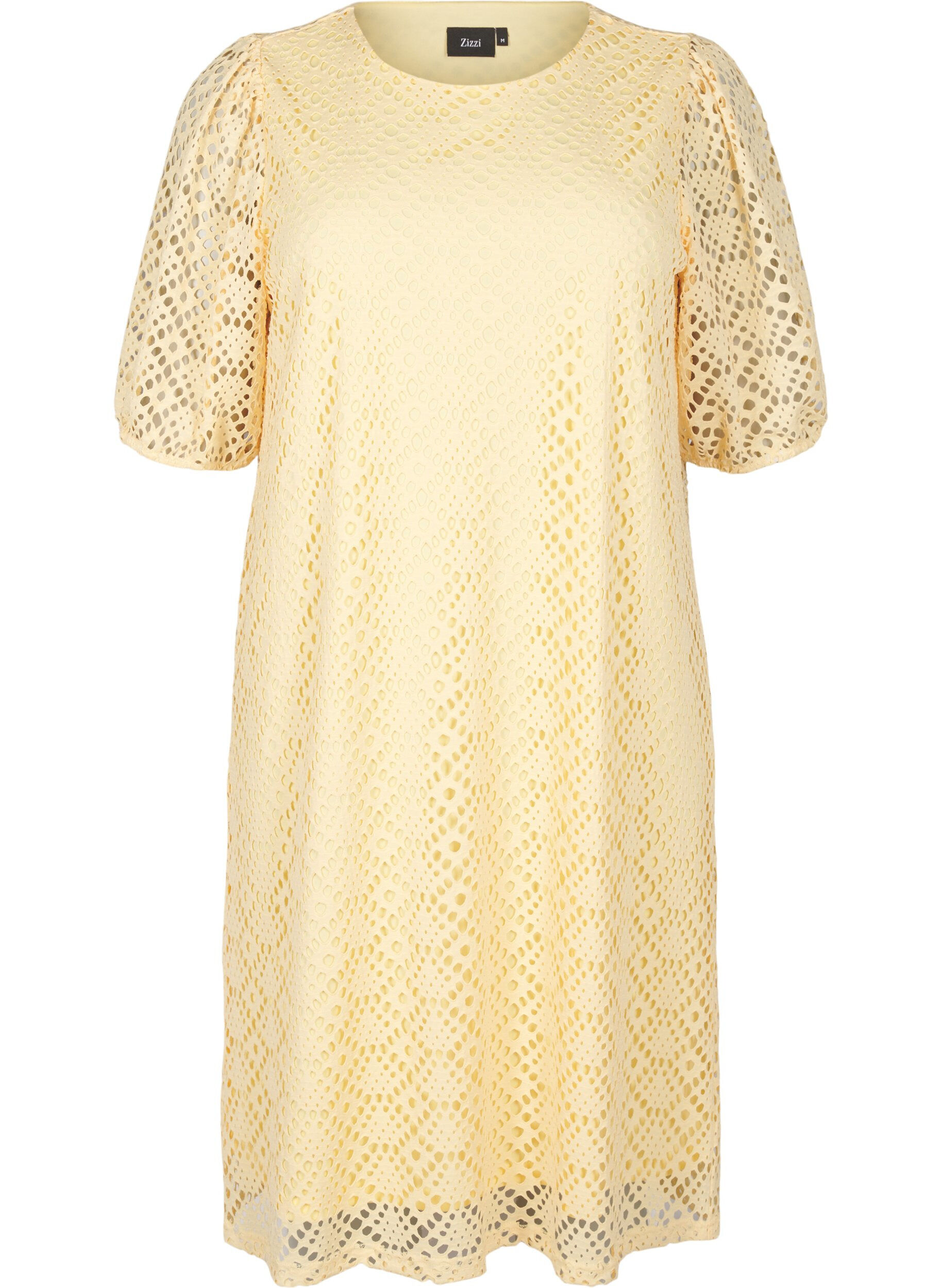 ZizzifashionKnee-length dress with eyelet pattern and short sleeves, Yellow, Packshot image number 0