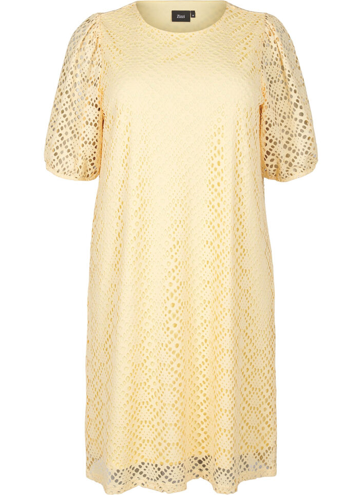 Knee-length dress with eyelet pattern and short sleeves, Yellow, Packshot image number 0