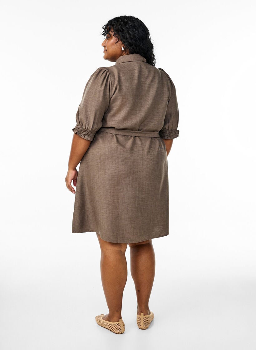 Knee-length shirt dress with tie belt, Brown, Model image number 2