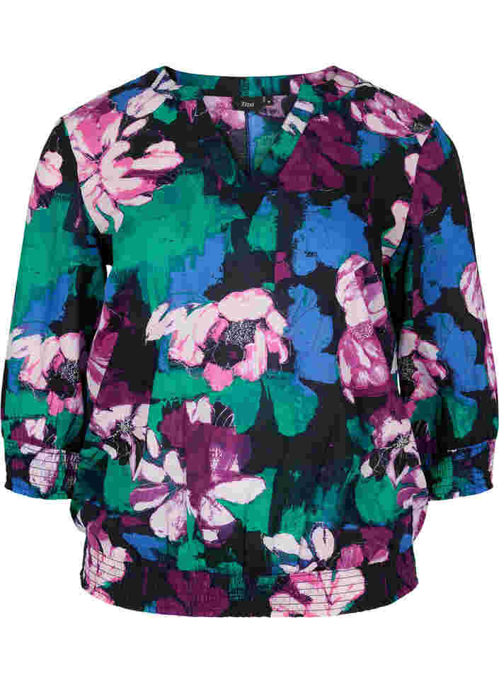 Floral blouse with 3/4-length sleeves in viscose, Black Flower AOP, Packshot image number 0