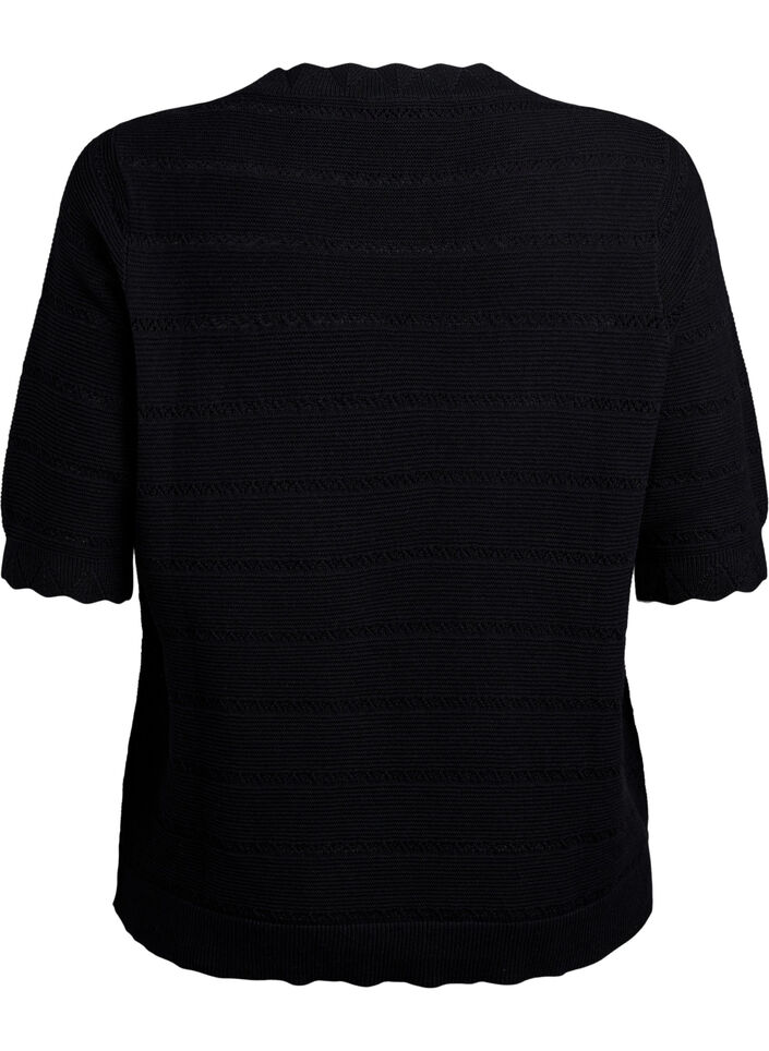 Knitted blouse with a striped openwork pattern and short sleeves, Black, Packshot image number 1