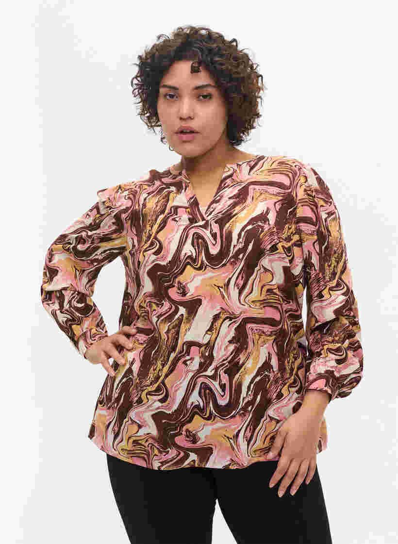 Printed viscose blouse with v-neckline, AOP, Model image number 0