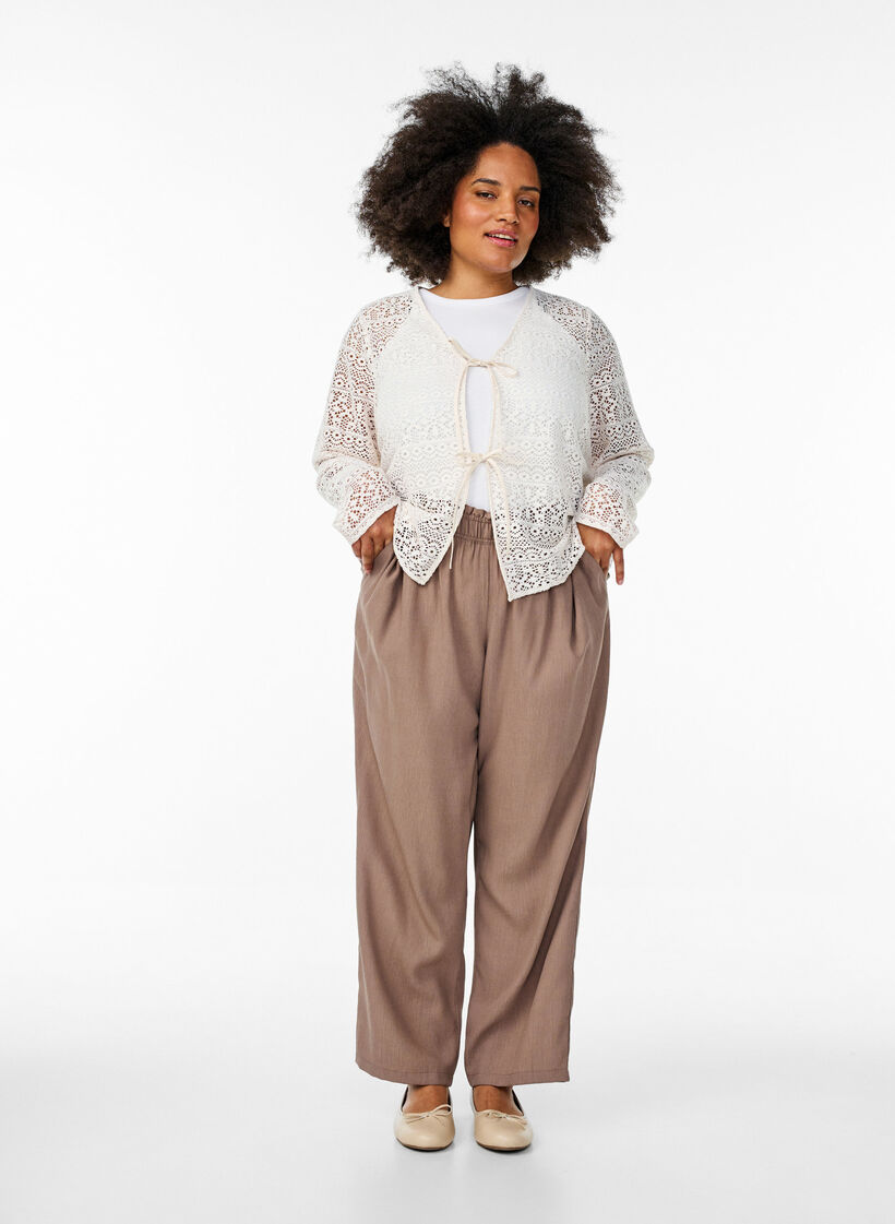 Cardigan with openwork pattern and tie strings, Vanilla, Model image number 1