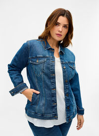 Short cotton denim jacket, Blue denim, Model