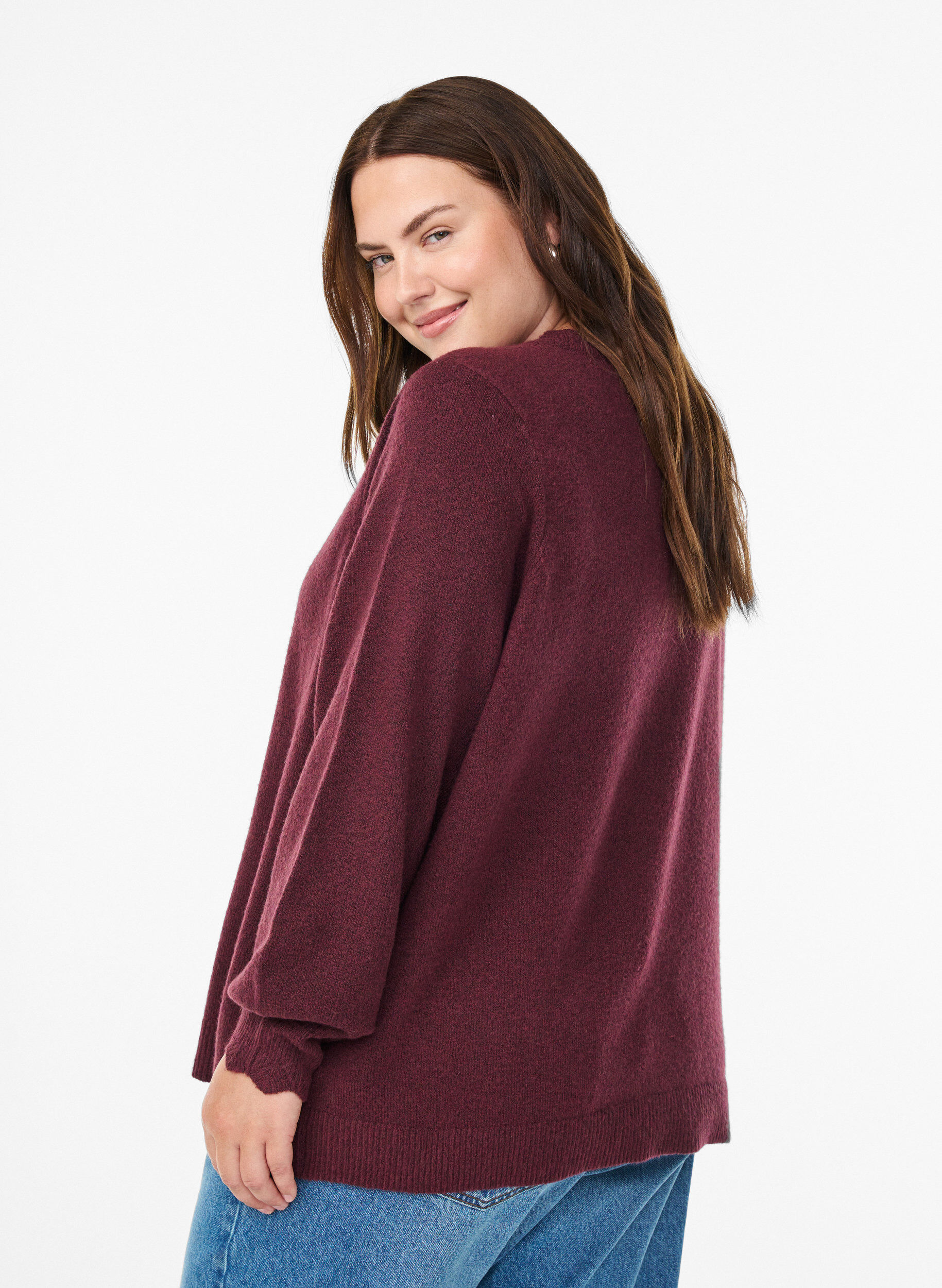 ZizzifashionKnitted blouse with wavy edges, Dark Bordeaux, Model image number 2